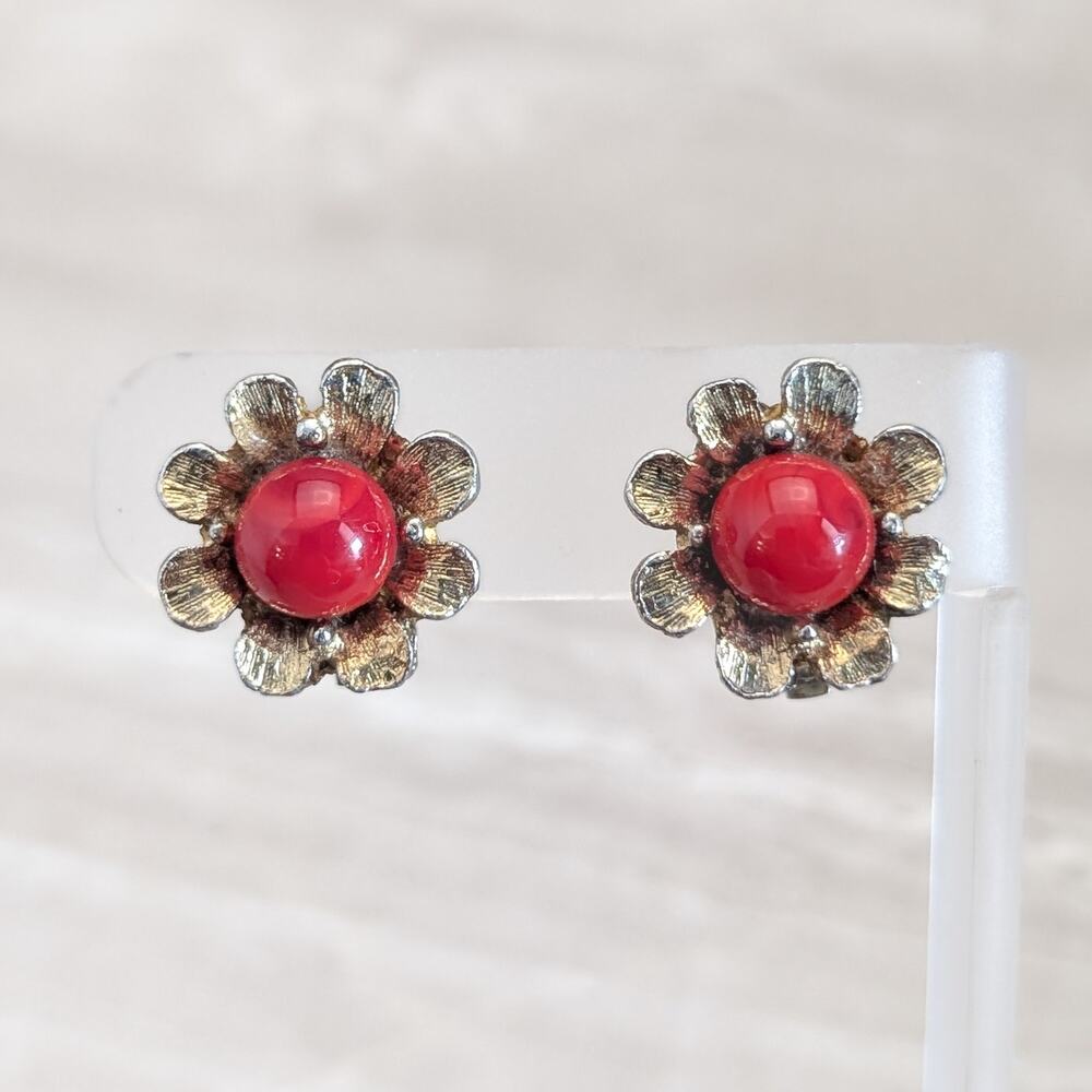 Vintage Clip On Earrings Gold Tone & Red Flower 0.75" - Discoloration